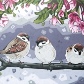 Sparrows & Pink Blossoms  16" x 20"
