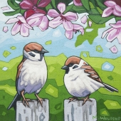 Sparrows Under the Flowers